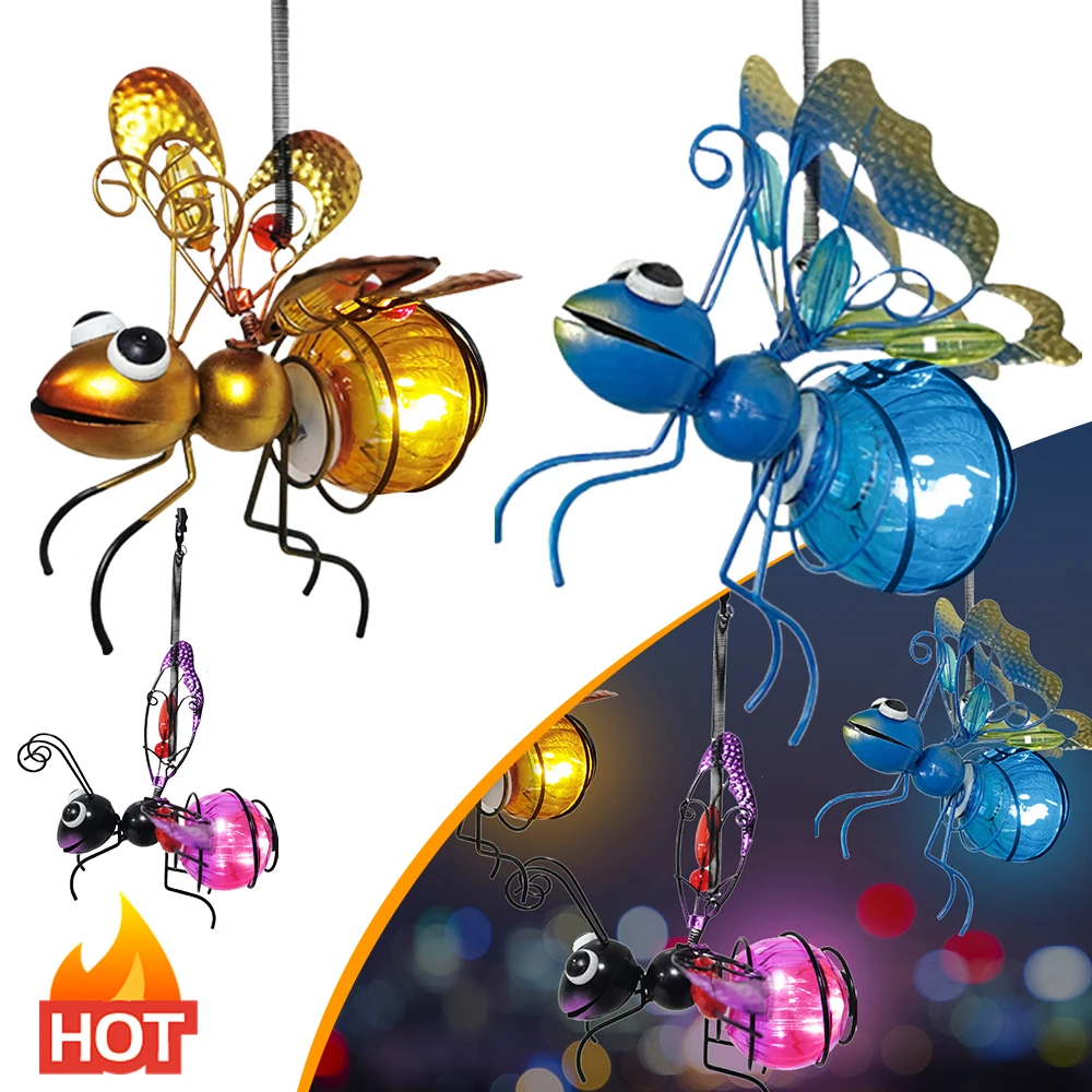 Lighting Bug Decor - ไฟห้อยพลังงานแสงอาทิตย์ทำจากโลหะใช้แขวนได้ไฟบั๊กตกแต่งสวนแบบโคมไฟล่อแมลงบินได้สำหรับตกแต่งสนามหญ้าภายนอก
