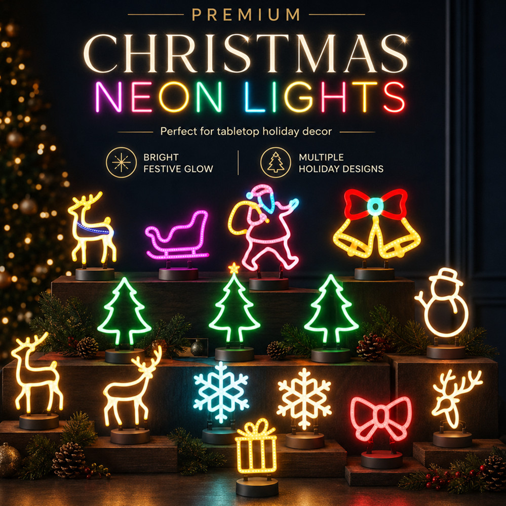 Led Lighting Wall Decor - ไฟประดับคริสต์มาส LED ป้ายไฟนีออนรูปหัวกวาง โคมไฟ LED หมวกคริสต์มาส