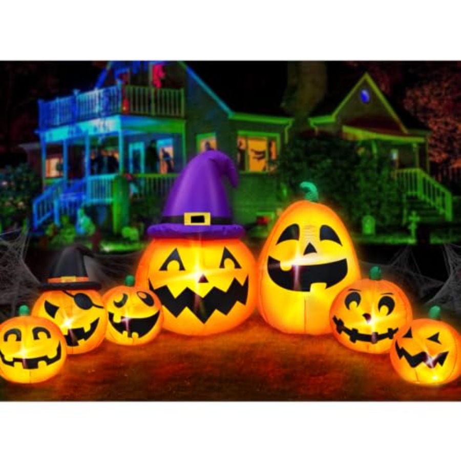 Orange Lighting Decor - ของตกแต่งฮาโลวีนรูปฟักทองเป่าลมสำหรับใช้ภายนอกอาคาร สูง 12 ฟุต วัสดุ PVC