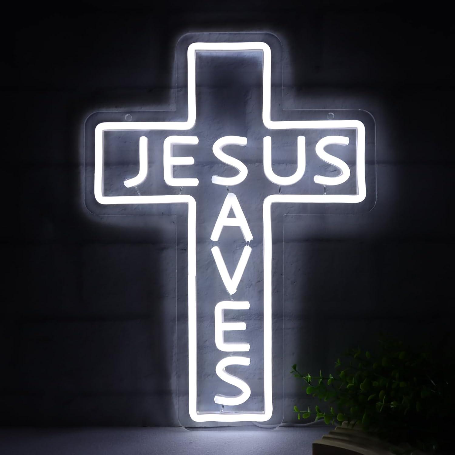 Led Lighting Wall Decor - ป้ายไฟนีออนรูปกางเขนพระเยซู พร้อมพอร์ต USB ปรับความสว่างได้ ไฟ LED